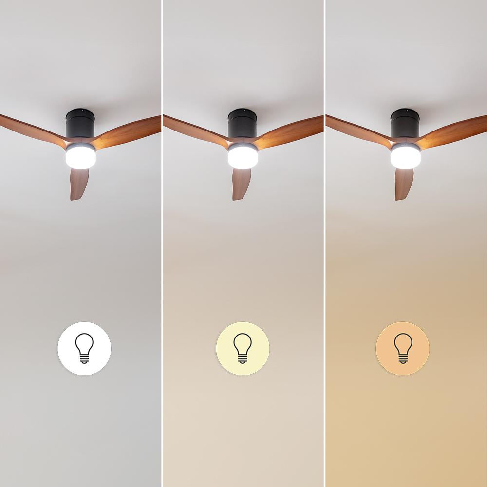 Tres imágenes, cada una muestra un ventilador de techo con diferentes temperaturas de color de luz. Cada imagen tiene un icono de bombilla.
