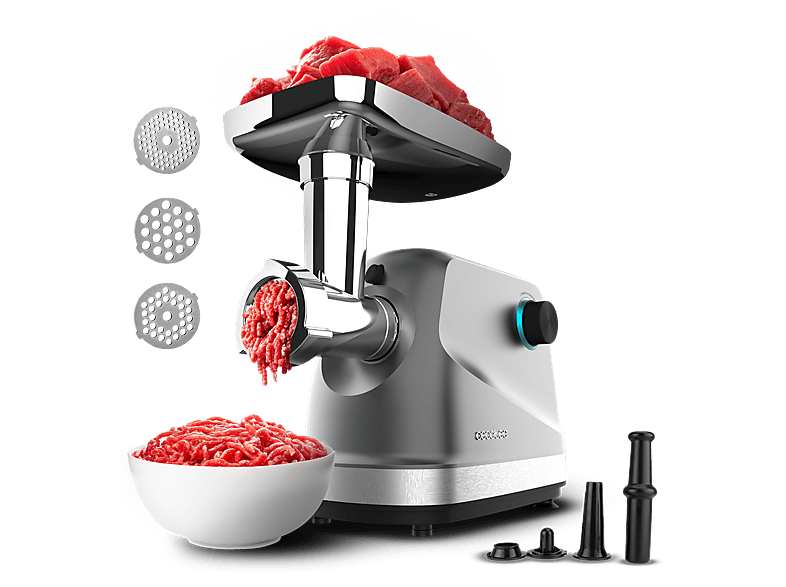 Picadora - Cecotec Crusher 1400 Steel, 1360 W, Pica, Trocea y Corta, 3 Placas de corte, 1 Cuchilla acero inoxidable, 1,5 kg Carne por minuto, Gris