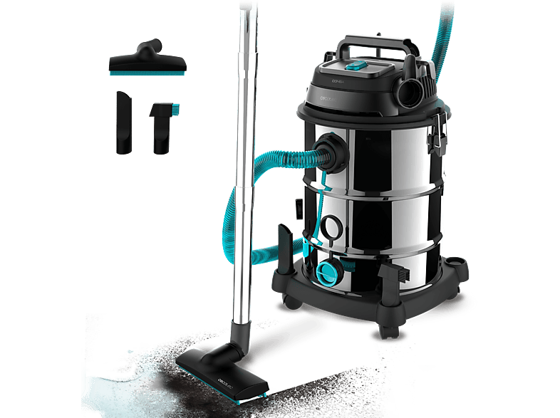 Aspirador sin bolsa - Cecotec Conga Rockstar Wet & Dry Steel Pro, 1600 W, Capacidad 30 l, Cable 5m, 4 ruedas, Función soplado, Sistema drenaje, Negro