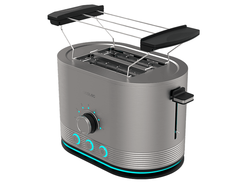 Tostadora - Cecotec Shine&Toast Double, Anillo luminoso, 850W, Ranura ancha, Soporte para panecillos, 7 niveles de tostado, Acero inoxidable, Gris