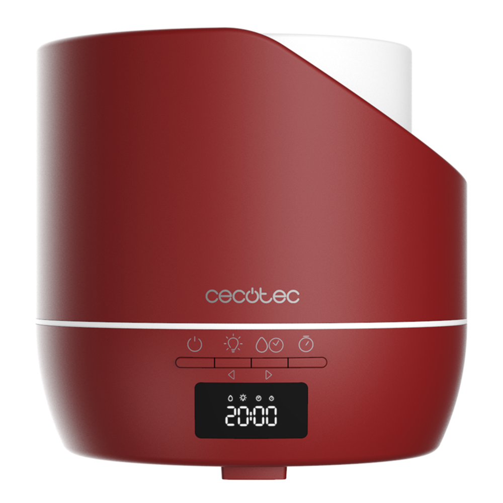 Humidificador Cecotec rojo y blanco. Pantalla digital 20:00. Panel de control con iconos. Diseño redondeado.