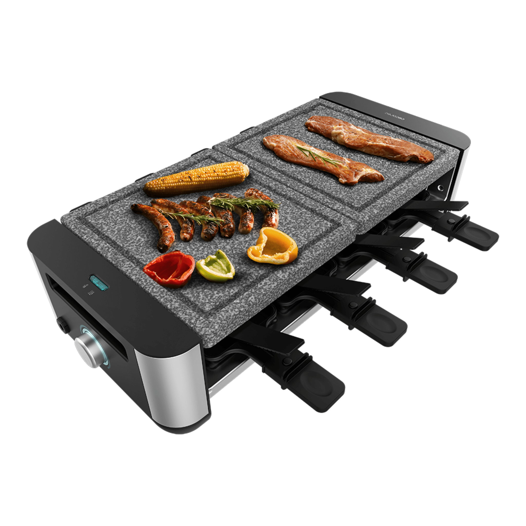 Parrilla Raclette con carne, maíz, verduras. Diseño negro y plateado. Fondo verde.