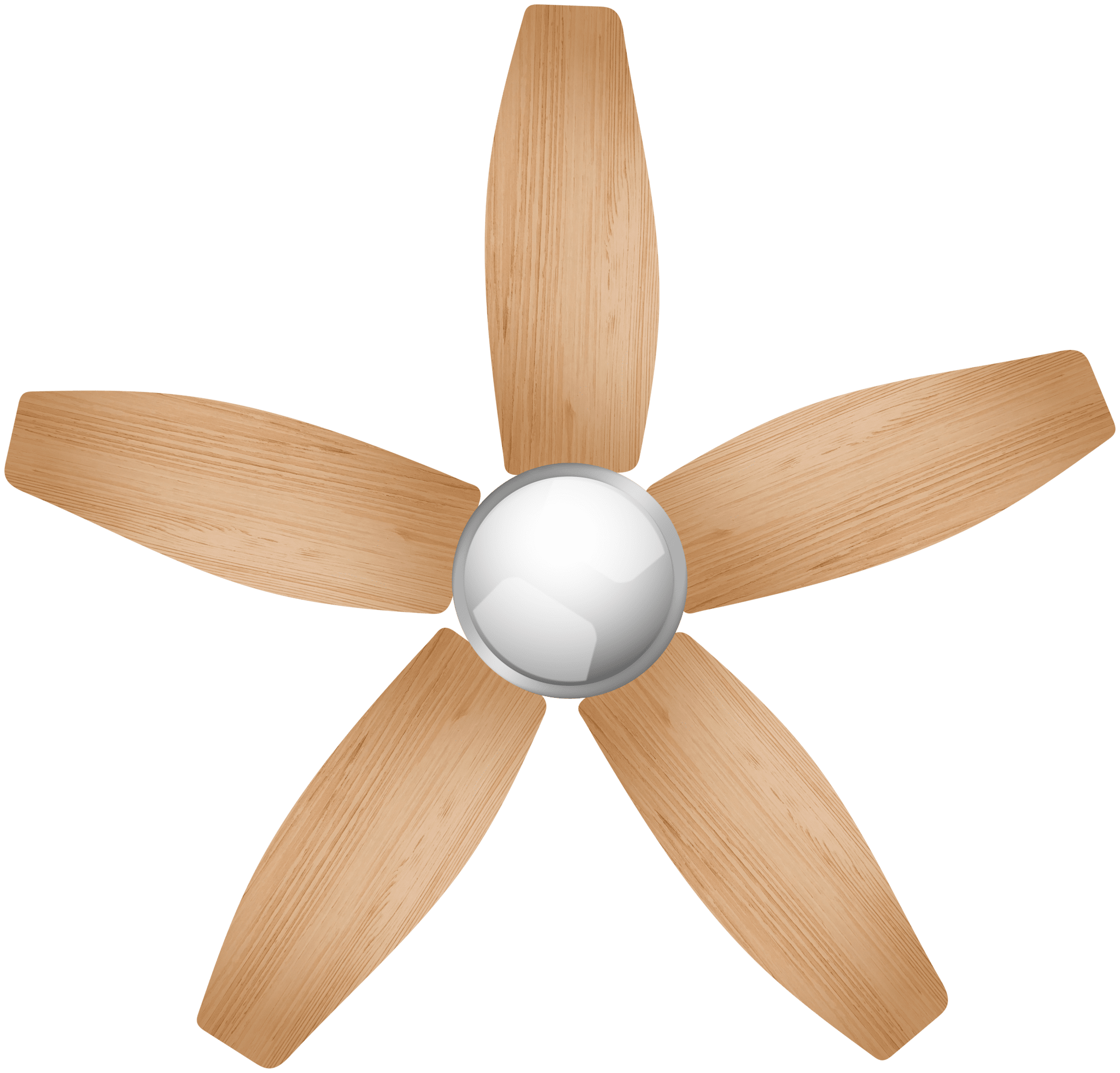 Un ventilador de techo con cinco aspas de madera que irradian de un cubo central, metálico y esférico, sobre un fondo verde.