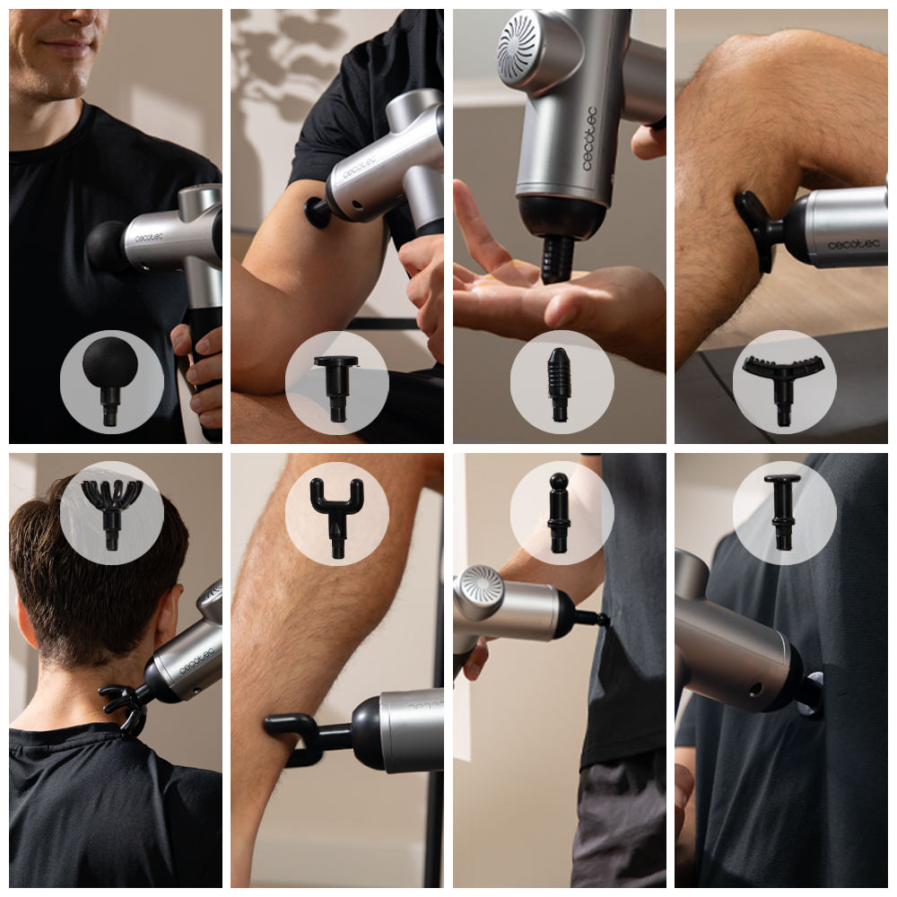 La imagen muestra una pistola de masaje que se utiliza en diferentes partes del cuerpo. Se muestran varios accesorios, incluyendo una bola, una cabeza plana y otros.