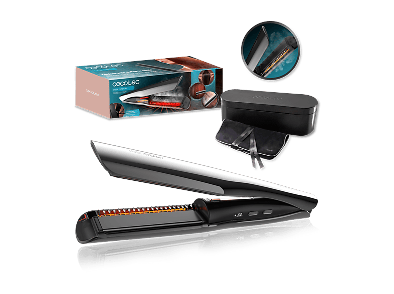 Plancha de pelo - Cecotec Lisse iSteamy, Alisado sin daños, Revestimiento Cerámico con Queratina, Temperatura Regulable,Estuche Lujo, Negro