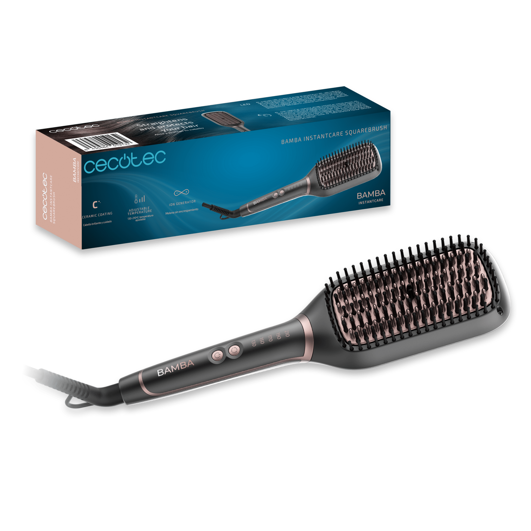 Un cepillo alisador para el cabello y su caja sobre un fondo verde. El cepillo es negro y oro rosa, con cable negro.