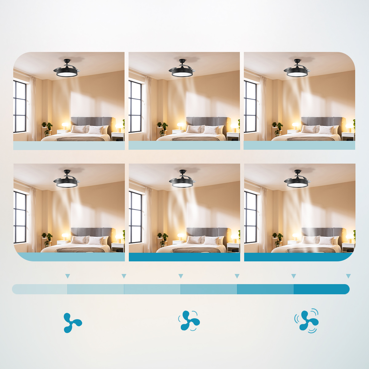La imagen muestra un dormitorio con un ventilador de techo. El ventilador se muestra a diferentes velocidades. Un gráfico muestra la configuración de la velocidad del ventilador.