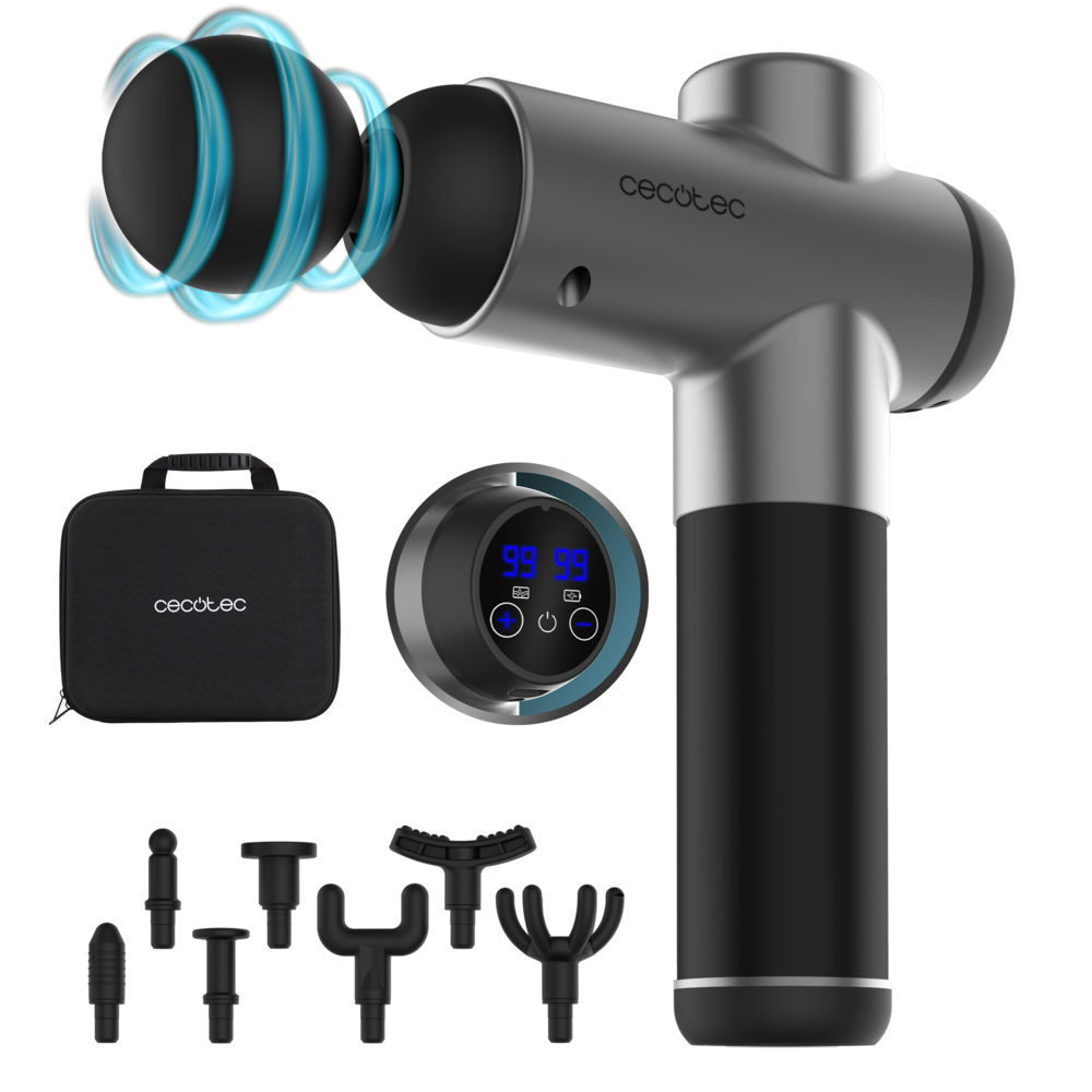 Una pistola de masaje con múltiples accesorios, una funda de transporte y una pantalla digital. La pistola es plateada y negra, con efecto de luz azul.