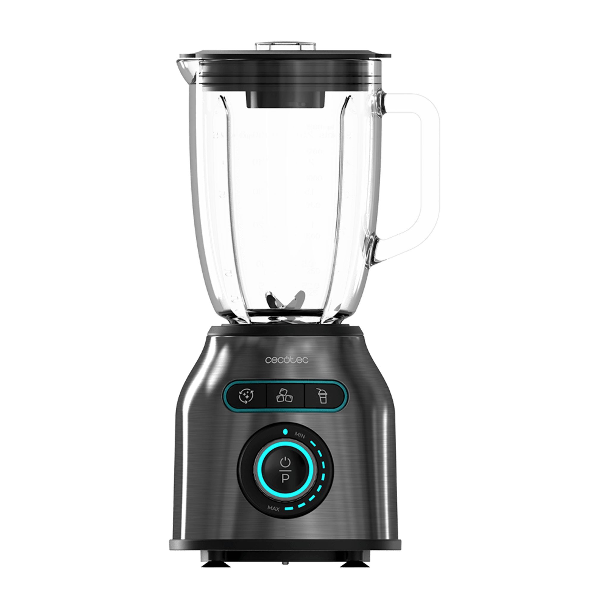 Una licuadora metálica con un recipiente de vidrio. Tiene una base negra con botones y un mando central de control.