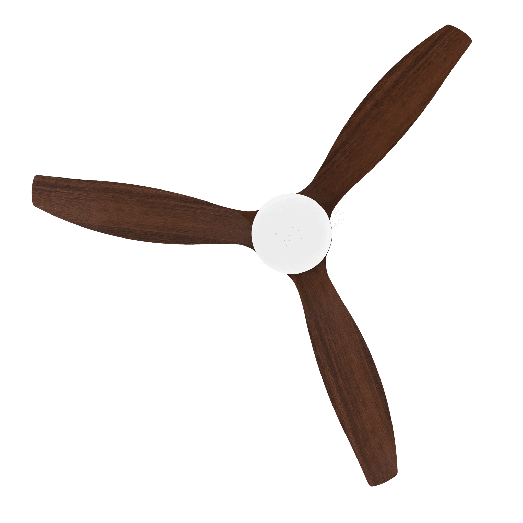 Un ventilador de techo con tres aspas de madera marrón que irradian desde un centro blanco, sobre fondo verde.