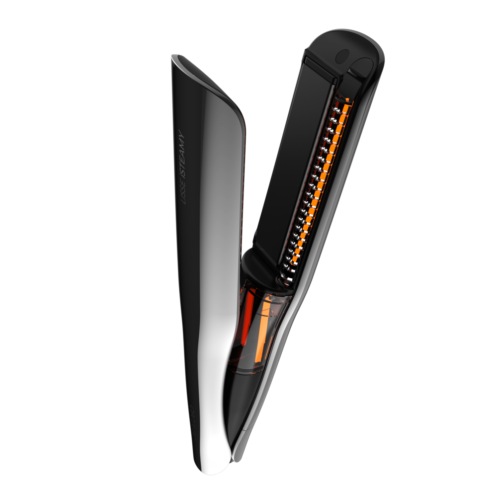 Plancha de pelo negra y plateada abierta, con elementos calefactores internos naranjas, sobre fondo negro. La marca es visible.