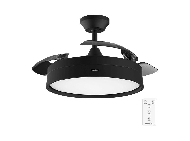 Ventilador de techo - Cecotec Energysilence Aero 4200 invisible black, 3 aspas retráctiles, iluminación LED, Mando a distancia, 6 velocidades, Negro