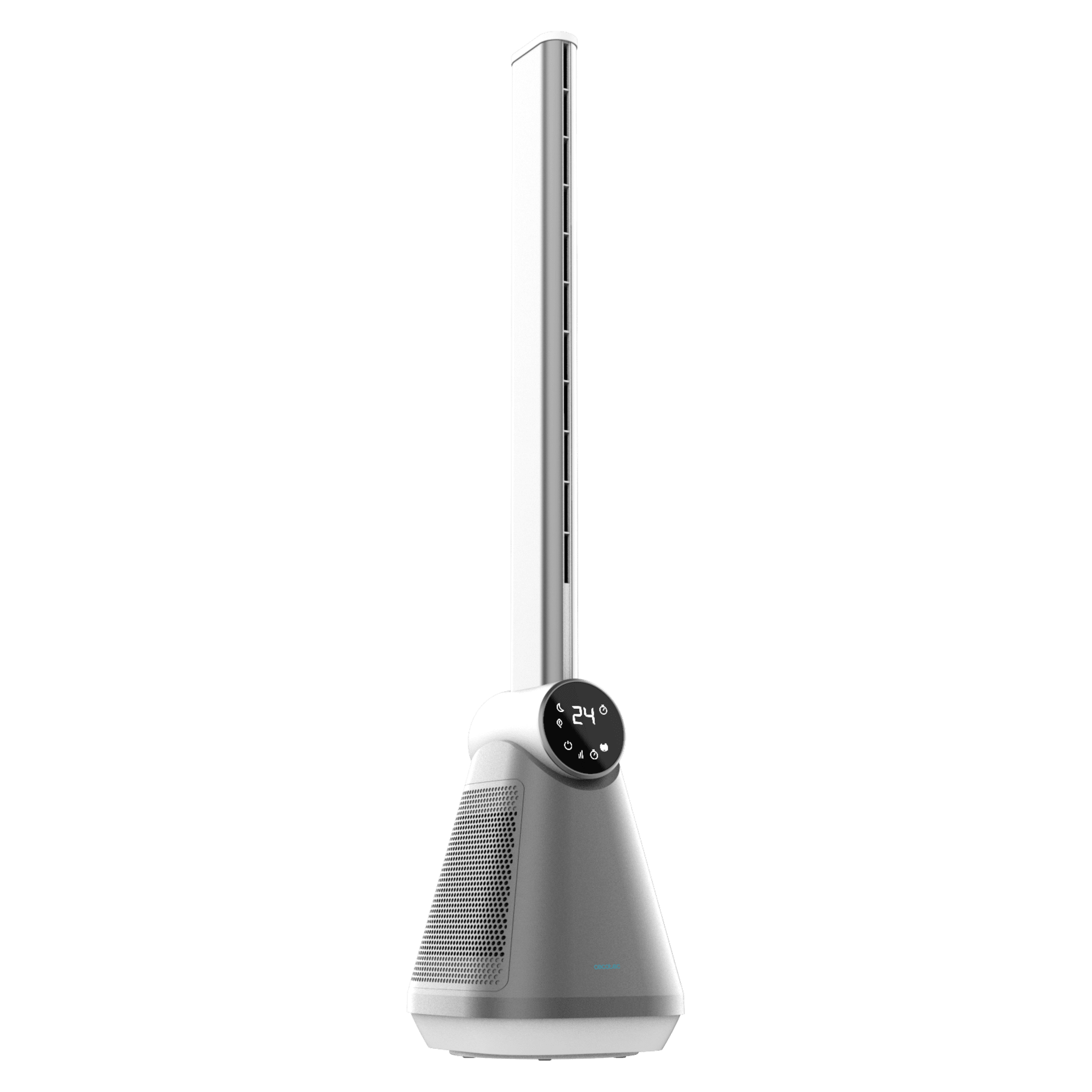 Un ventilador de torre blanco y plateado con pantalla digital que muestra 24 grados, sobre fondo verde.