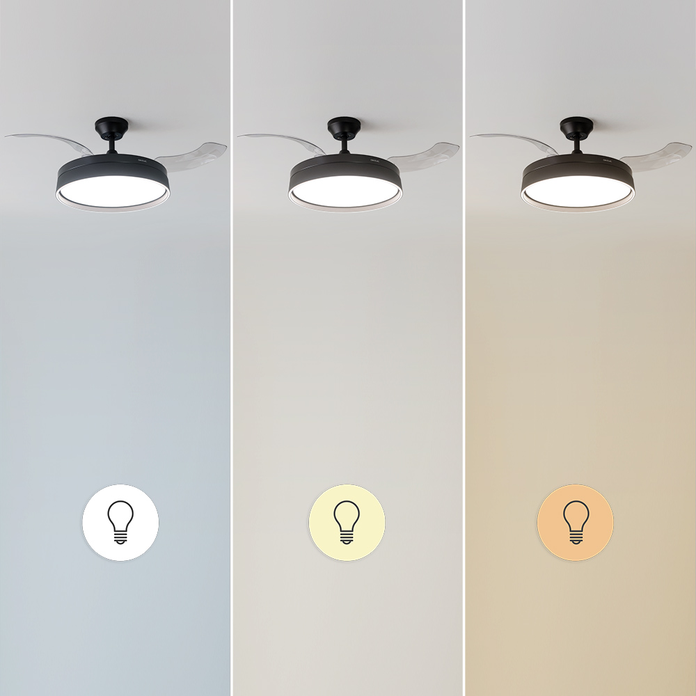 Un ventilador de techo con luz se muestra en tres configuraciones de luz diferentes: fría, neutra y cálida. Cada una tiene un icono de bombilla.