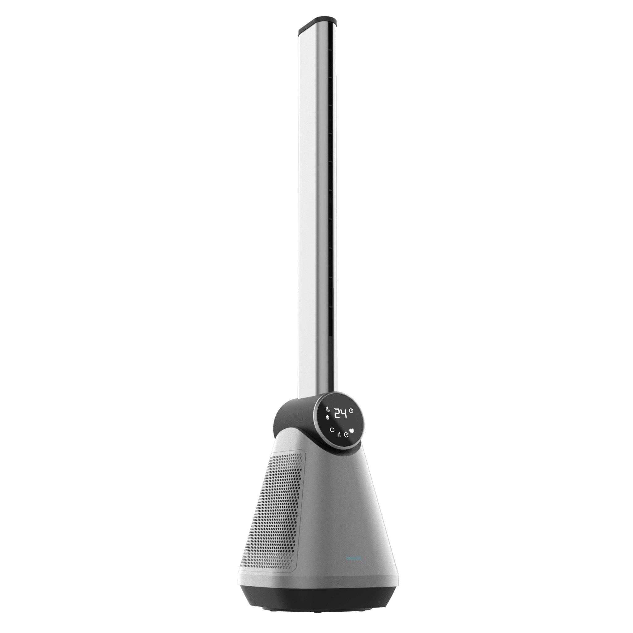 Un ventilador moderno, plateado y negro con una pantalla digital que muestra 24 grados, sobre un fondo verde.