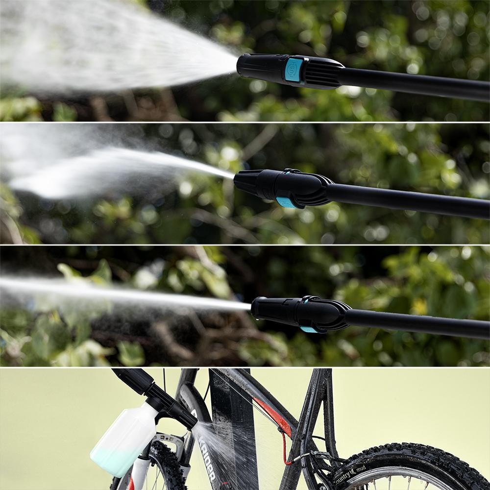 La imagen muestra una hidrolavadora rociando agua. Las tres imágenes superiores muestran agua pulverizada. La imagen inferior muestra una bicicleta lavada.