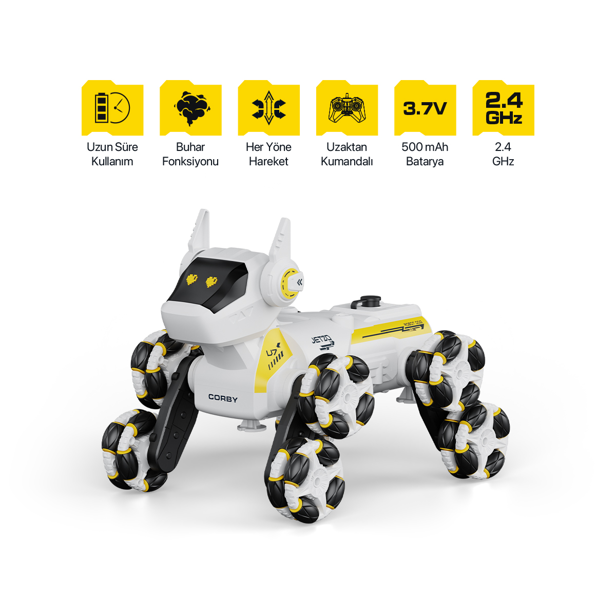 Siyah tekerlekli beyaz ve sarı robot köpek oyuncağı. Uzaktan kumanda ve buhar fonksiyonu gibi özelliklere sahiptir. Metin etiketleri mevcuttur.
