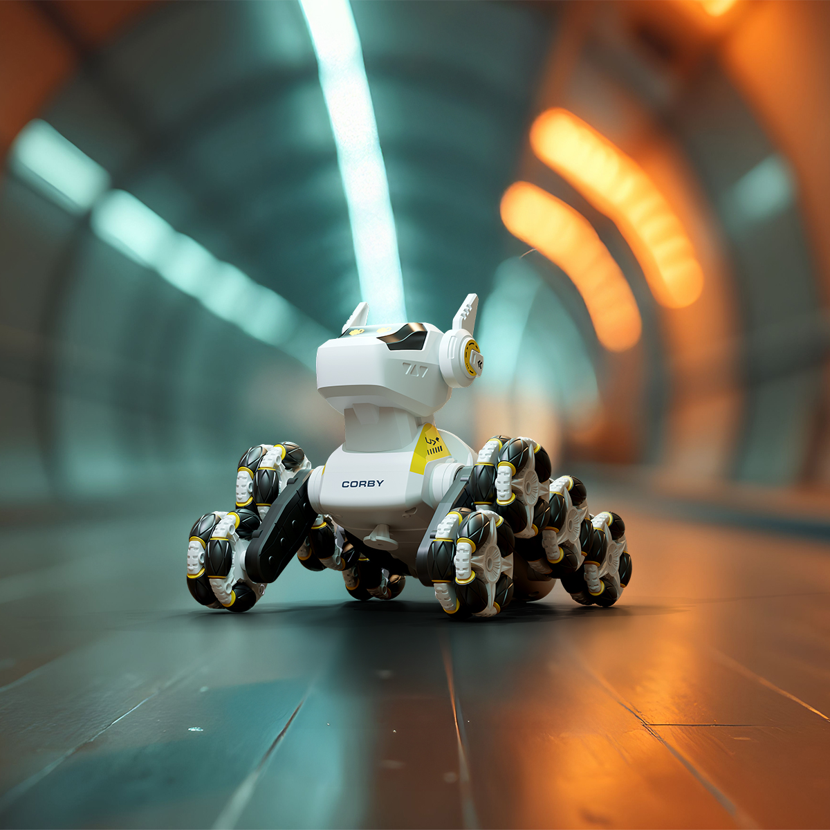 Çok tekerlekli beyaz ve siyah bir robot oyuncağı tünelde. Tünelde ışıklar var ve odak dışı.