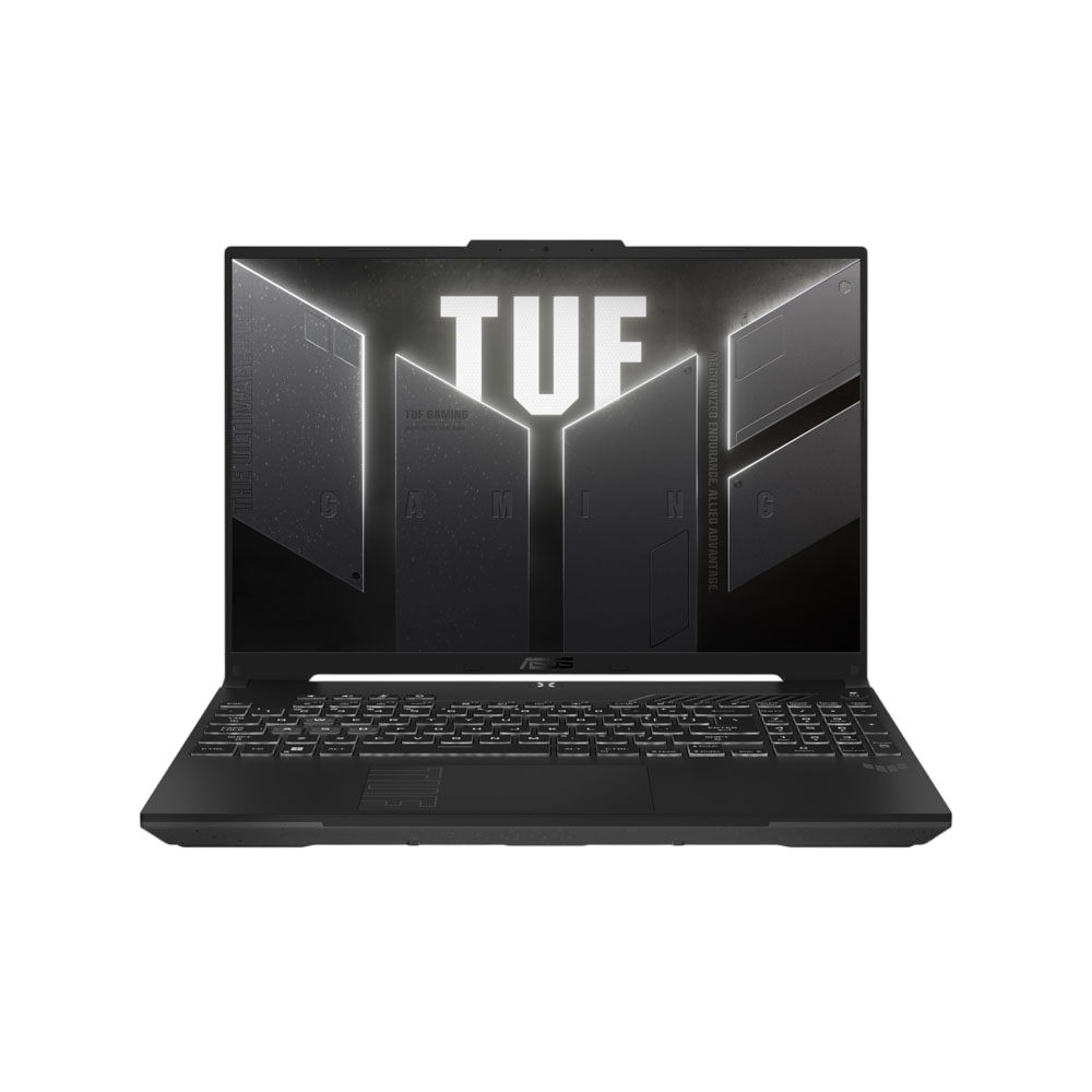 Siyah bir ASUS TUF oyun dizüstü bilgisayarı açık. Ekran TUF logosunu gösteriyor ve bir klavye görünüyor. Dizüstü bilgisayar siyah bir arka plan üzerinde.