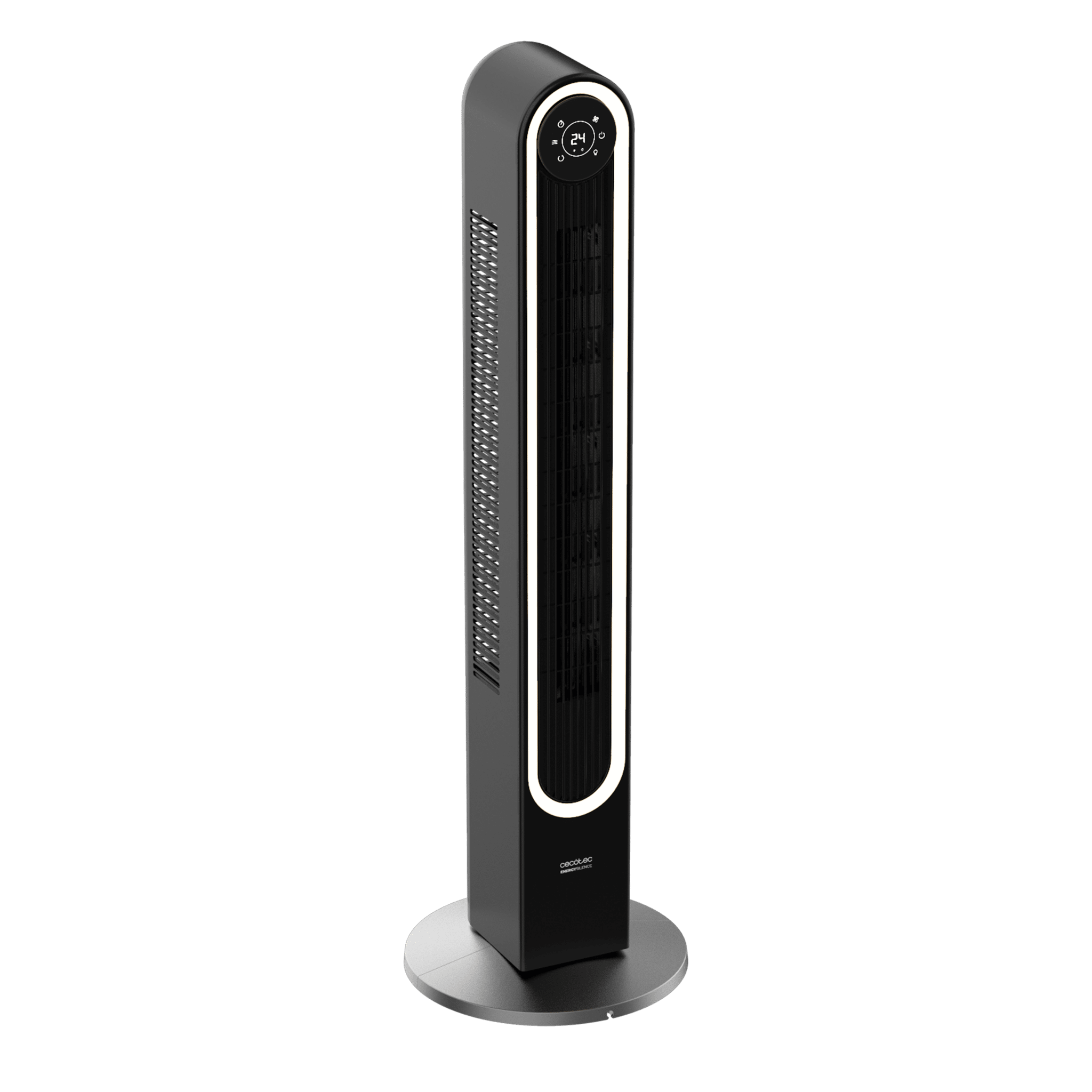 Un ventilador de torre negro sobre una base plateada, con una tira de luz blanca y pantalla digital. El fondo es verde.