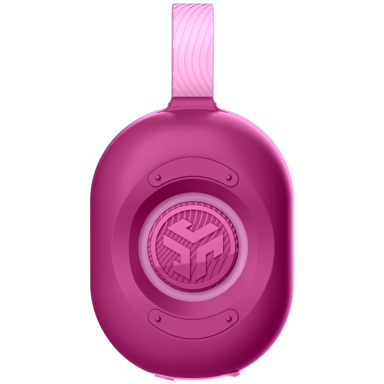 Een roze, ovaalvormige koptelefoon met een handvat. Het midden heeft een logo. Het handvat is lichtroze.