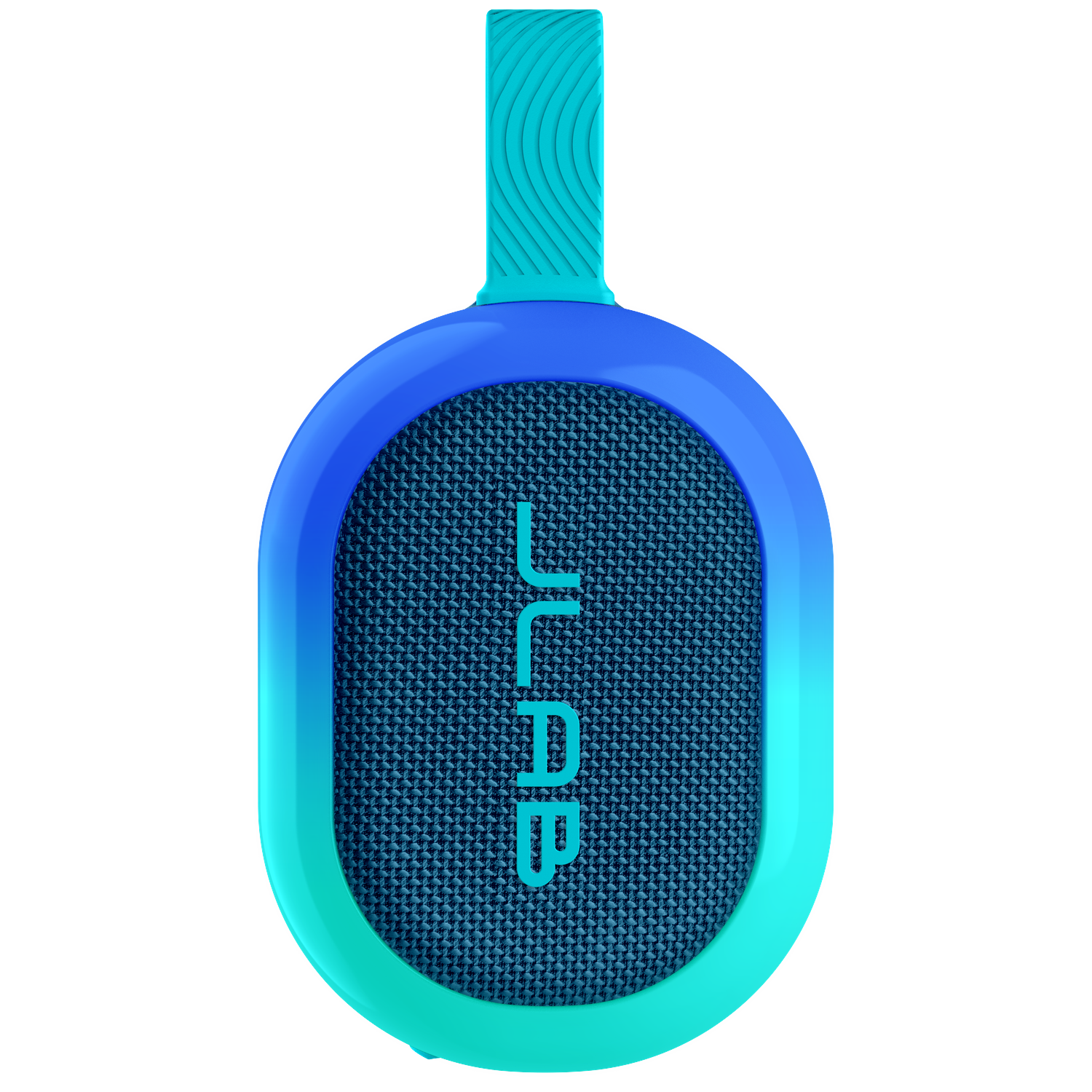 A blue and teal JLab speaker with a handle. The speaker has a mesh front and the JLab logo. The background is white.