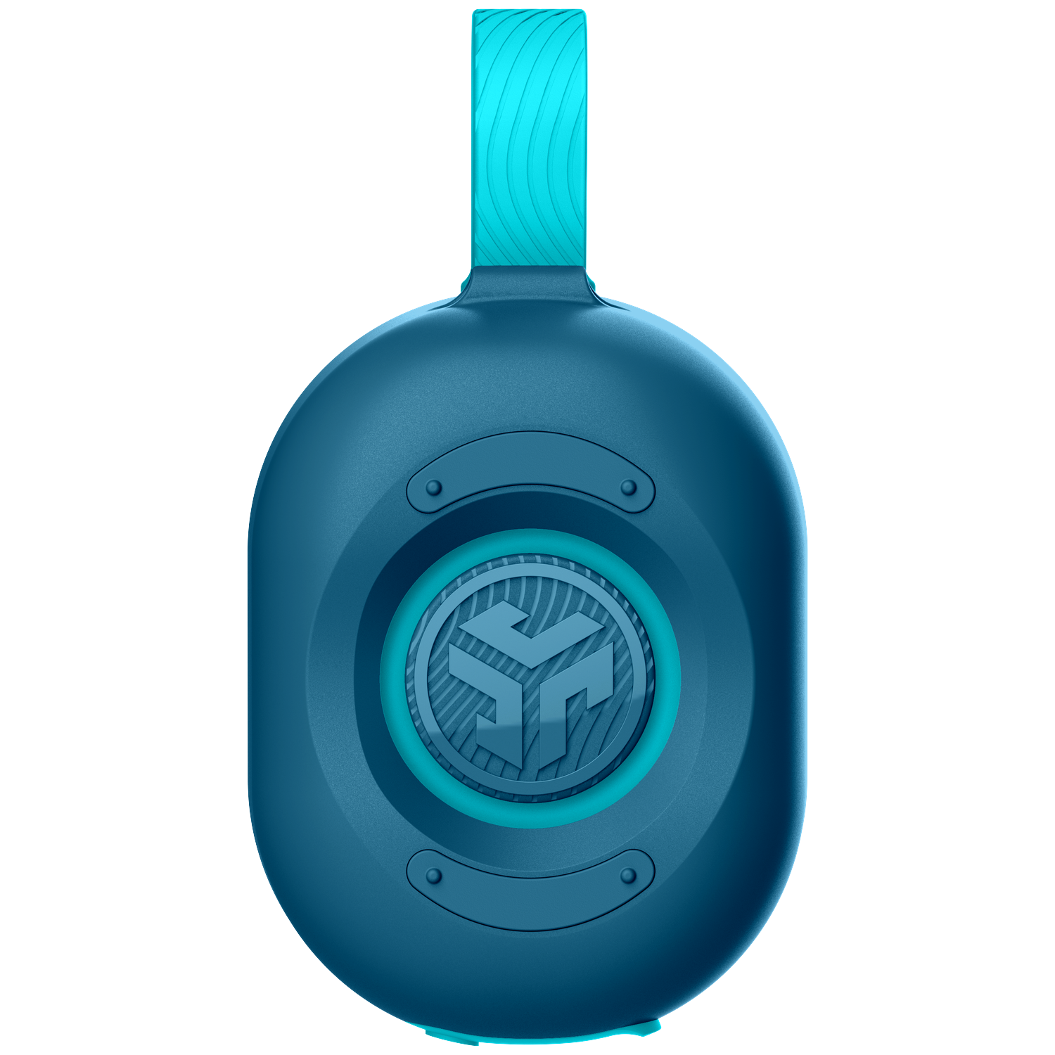 A blue and teal wireless speaker. It has a teal handle and a teal ring around a logo on the front. The background is white.