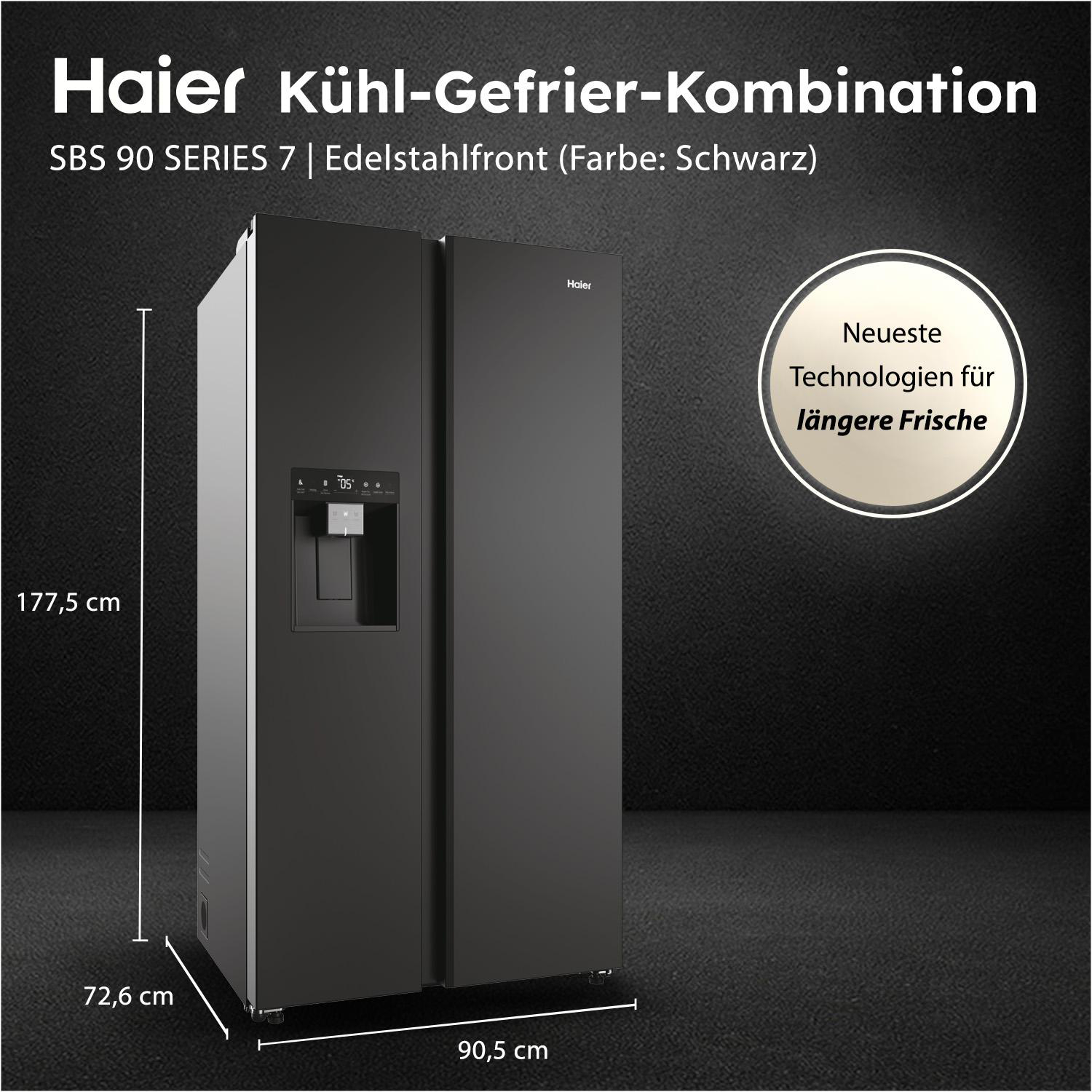 Ein schwarzer Haier Kühlschrank mit angezeigten Abmessungen. Text enthält 'Kühl-Gefrier-Kombination' und 'Neueste Technologien für längere Frische'.