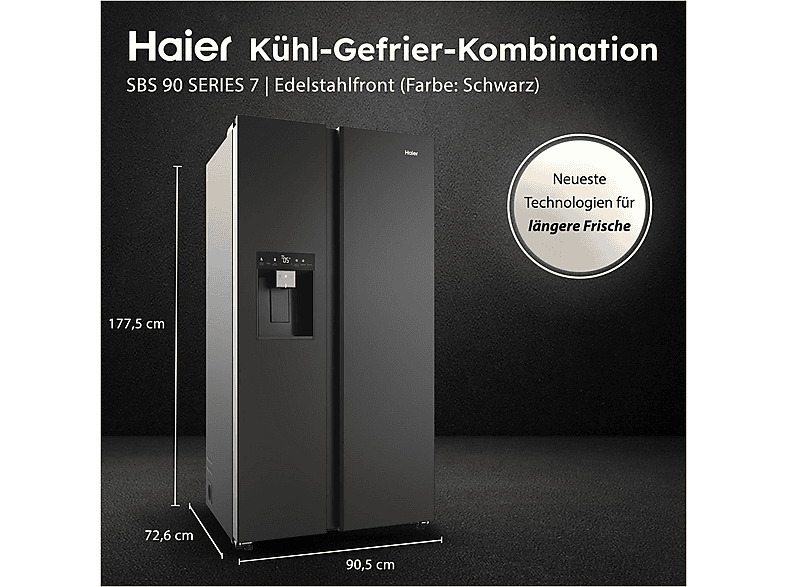 HAIER HSW79F18DIPT SBS 90 SERIE 7 Side-by-Side (601 l, D, 1775 mm hoch, Edelstahl schwarz)