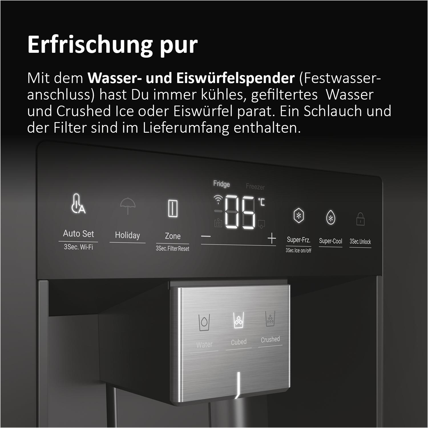 Ein Kühlschrank mit Wasser- und Eisspender. Bedienelemente umfassen Wasser-, Würfel- und Crushed-Ice-Optionen.