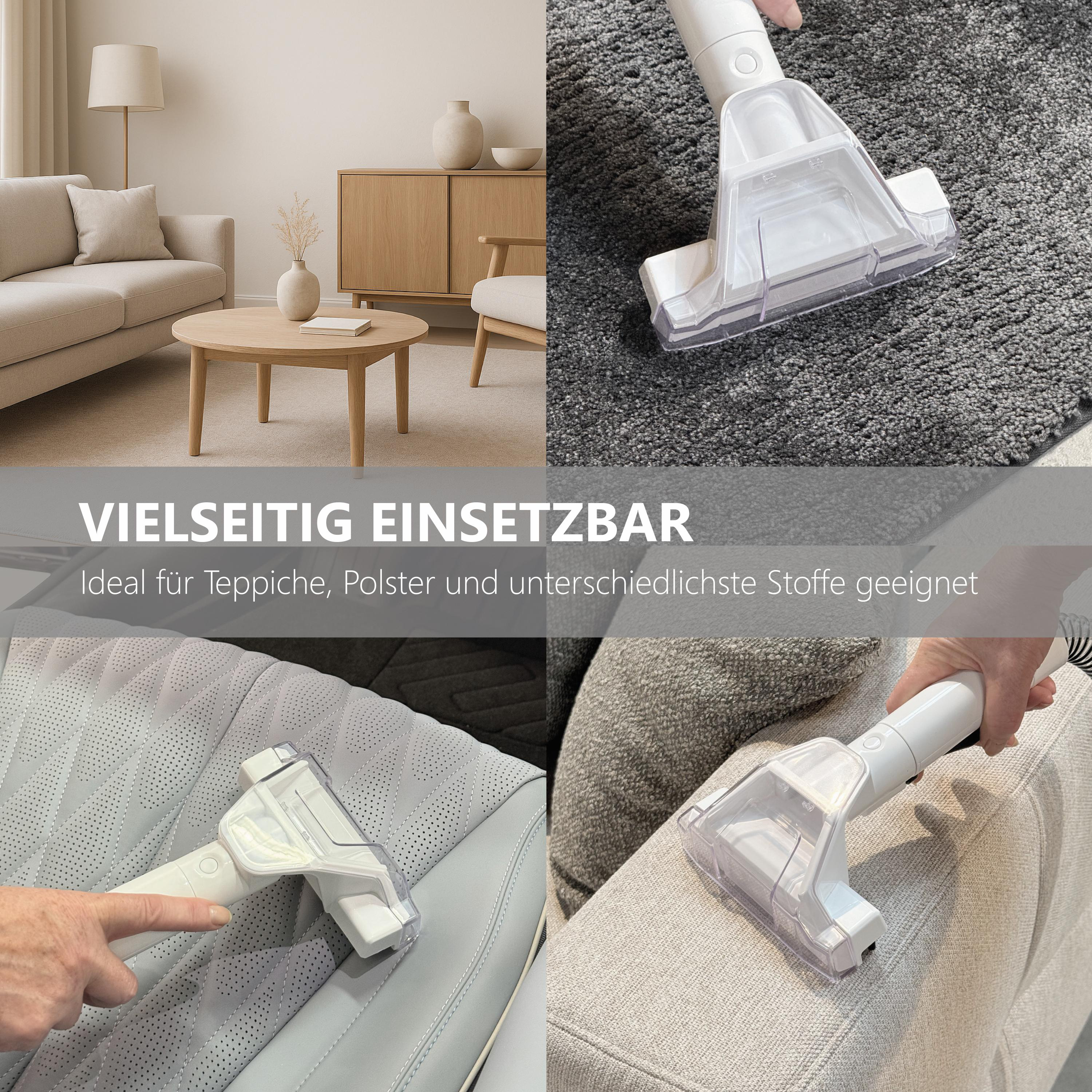 Das Bild zeigt einen Staubsauger, der auf Teppich, Autositz und Sofa verwendet wird. Es demonstriert Vielseitigkeit für verschiedene Oberflächen.