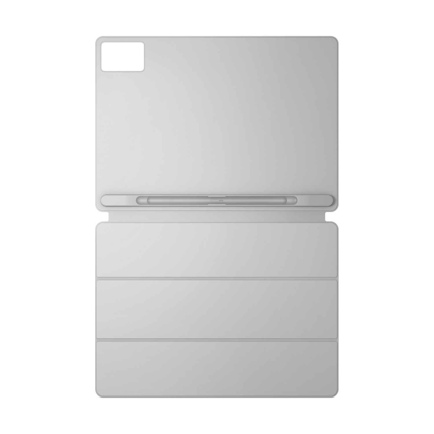 Viene mostrata una custodia per tablet grigio chiaro. Ha una sezione per il tablet e una cover pieghevole. È rettangolare con angoli arrotondati.