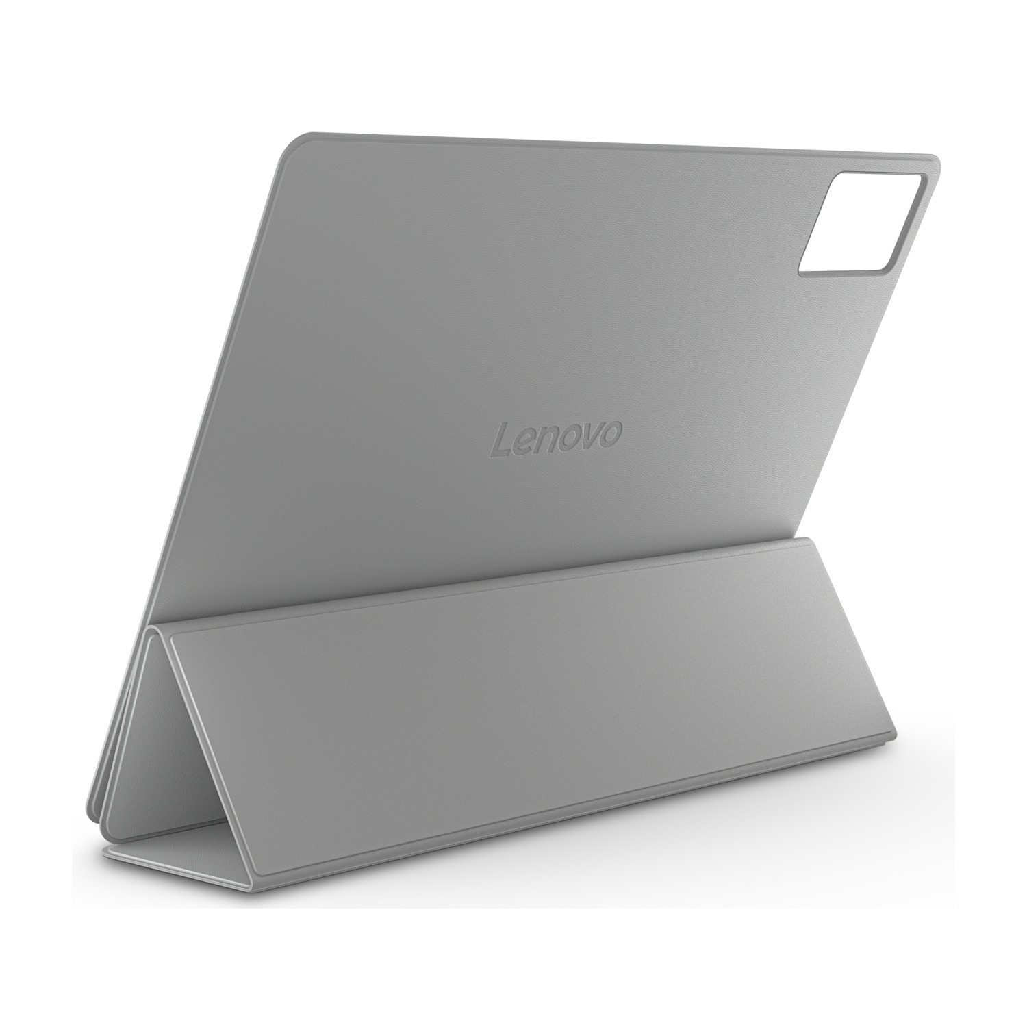 Una custodia grigia per tablet Lenovo è appoggiata, che mostra il logo Lenovo. La custodia ha un ritaglio per la fotocamera su sfondo bianco.