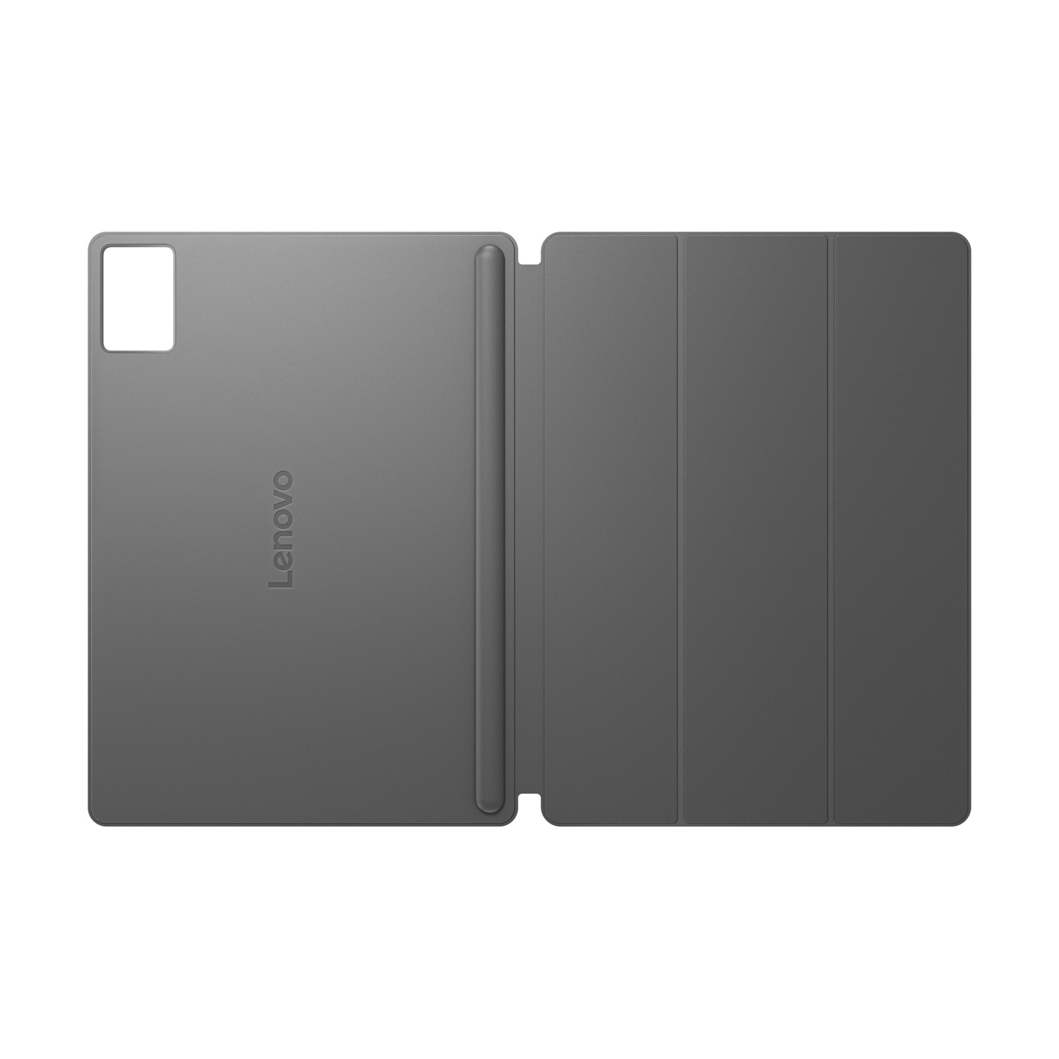 Una custodia grigia per tablet Lenovo è aperta, mostrando l'interno. Il logo Lenovo è visibile. La custodia ha un ritaglio per la fotocamera.