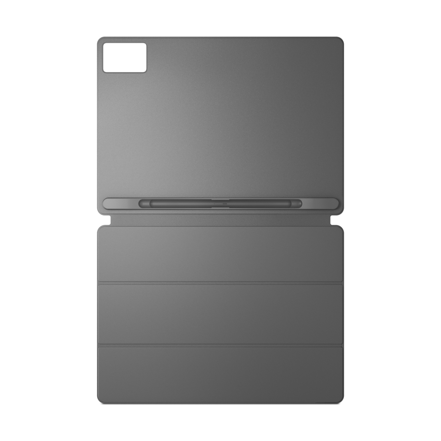 Custodia grigia per tablet aperta. La parte superiore ha un ritaglio per la fotocamera, la parte inferiore tre sezioni pieghevoli.