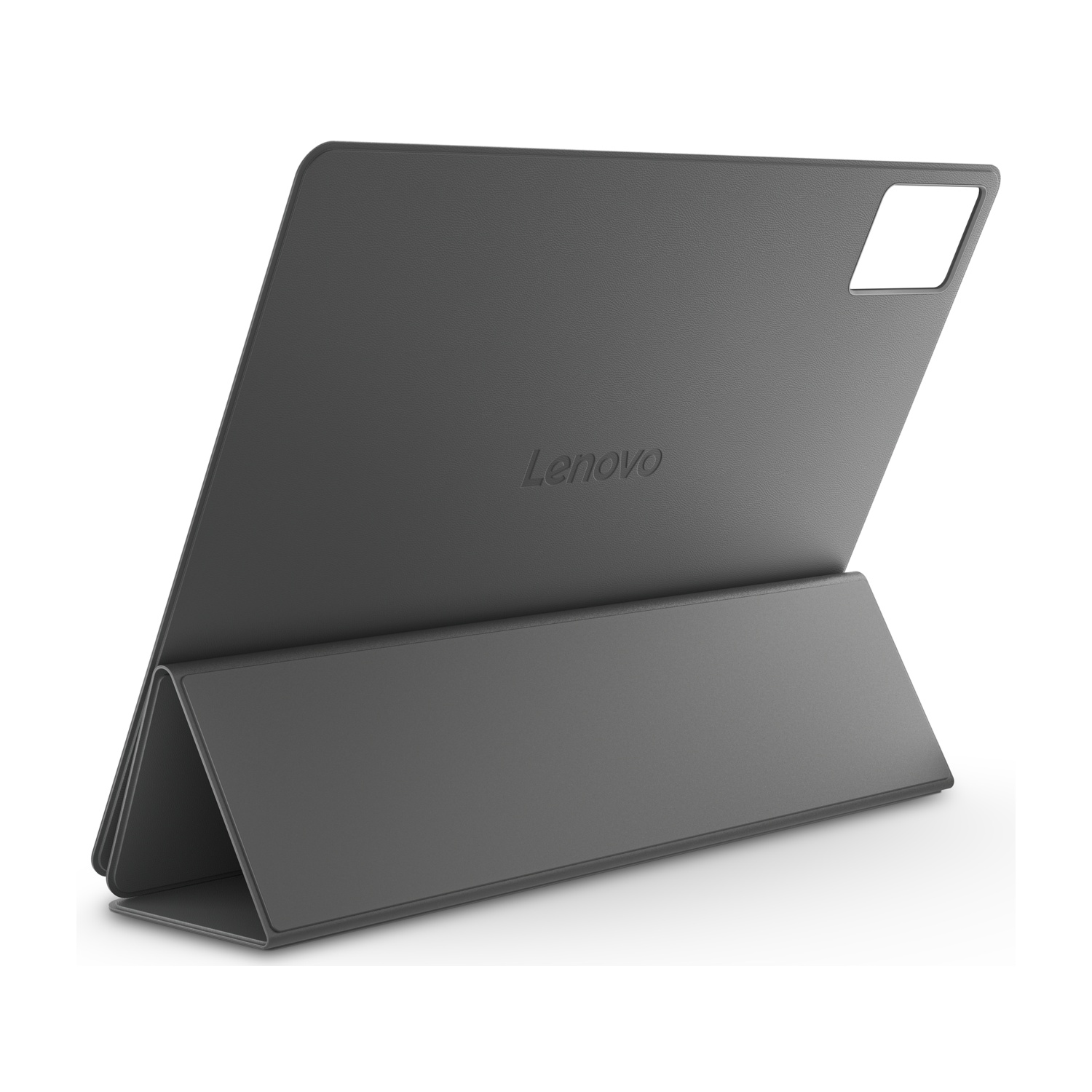 Una custodia grigia per tablet Lenovo è appoggiata, mostrando il marchio. La custodia ha un ritaglio per la fotocamera ed è su sfondo bianco.