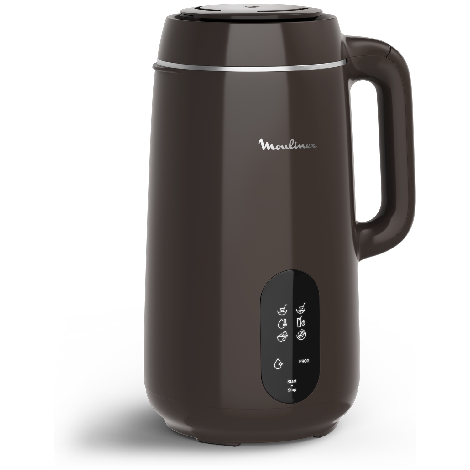 A brown Moulinex soy milk maker. It has a handle, a control panel with icons, and a silver trim.