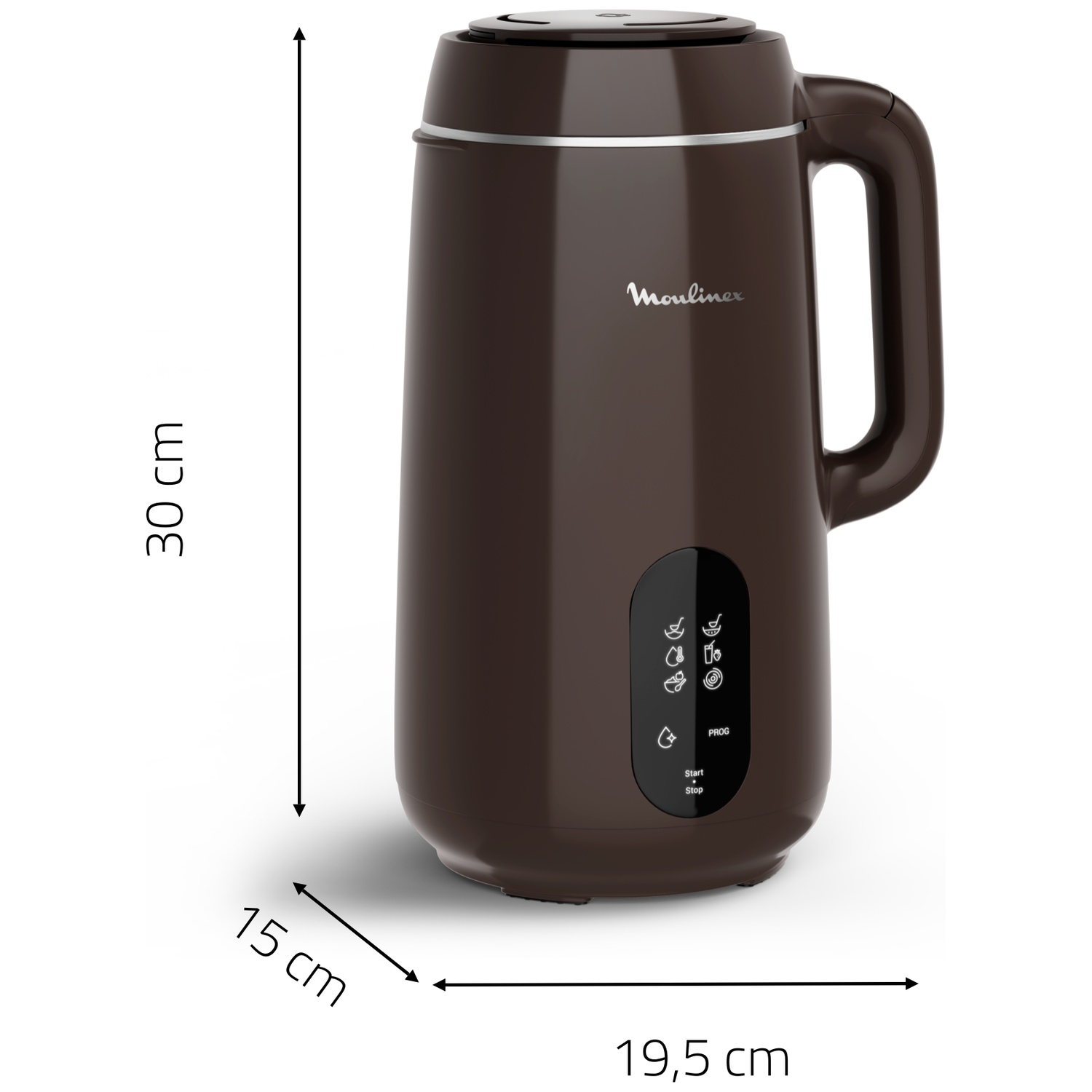 A brown Moulinex soup maker with a handle, control panel, and silver accents, dimensions 30x19.5x15 cm, on a white background.