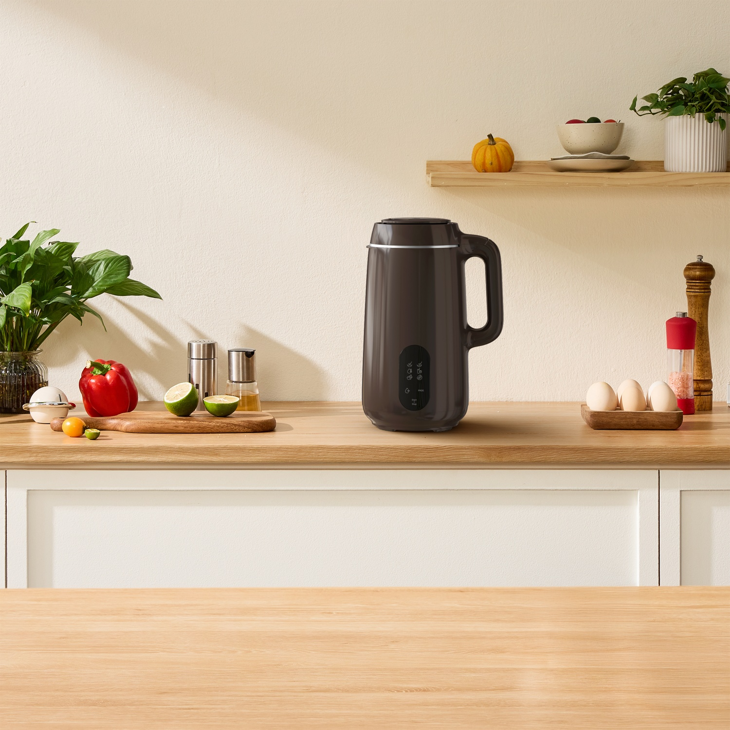 A kitchen scene with a brown appliance, vegetables, and eggs on a wooden counter. A shelf holds a pumpkin and plants.