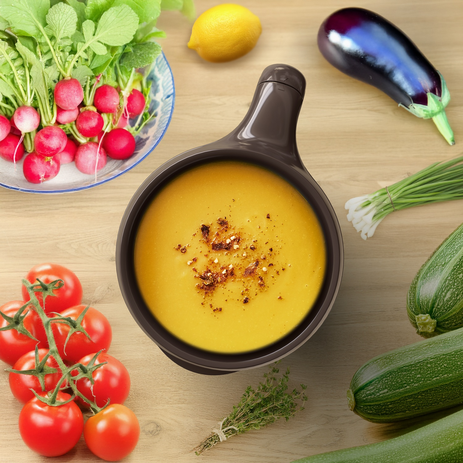 A table with ingredients: soup, tomatoes, radishes, zucchini, eggplant, lemon, chives, and thyme.