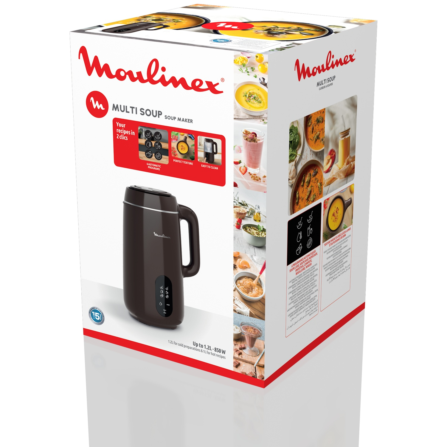 A Moulinex Multi Soup maker box. It has images of soups and smoothies. The machine is dark brown.