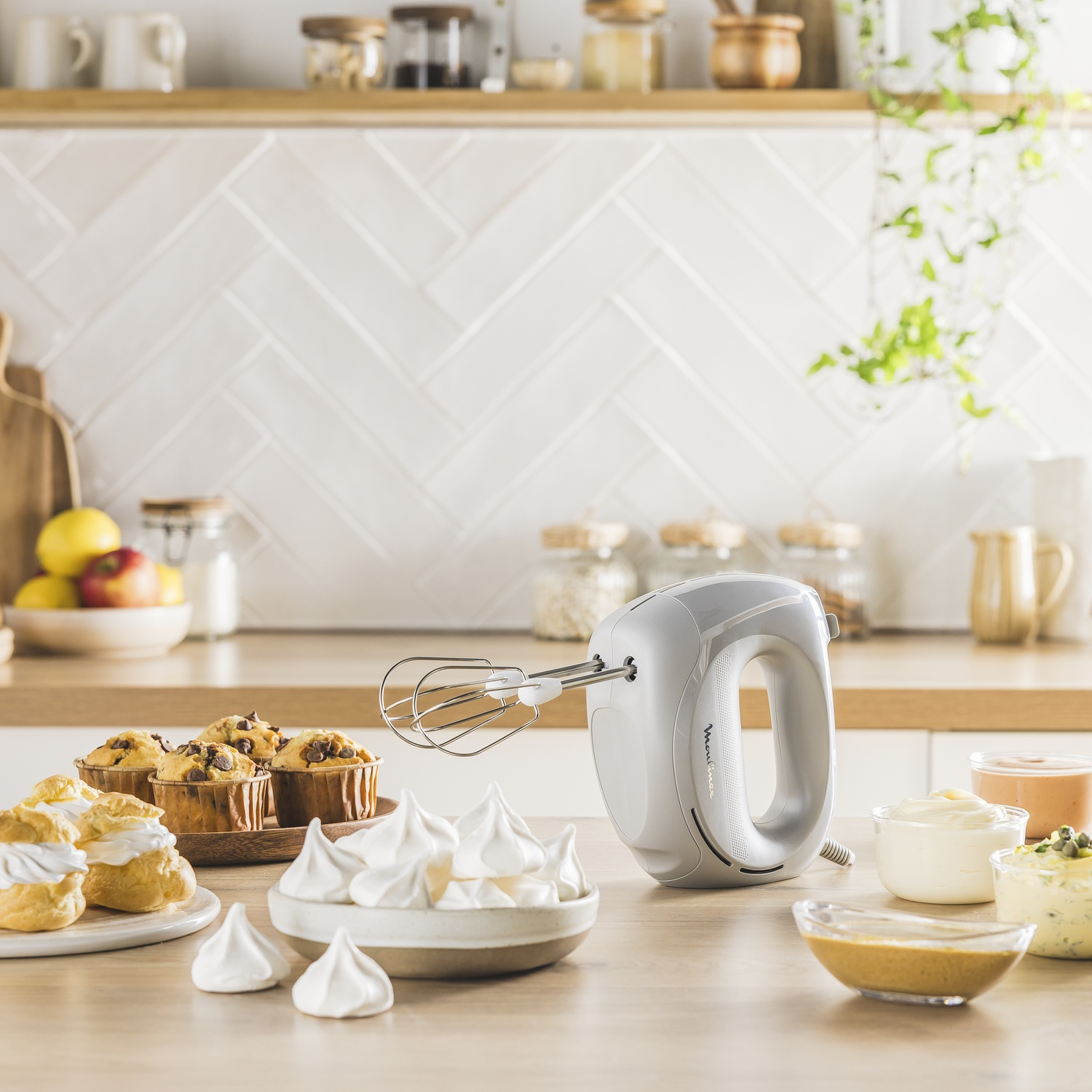 Een keukenscène met een mixer, gebakjes en kommen met crèmes. Achtergrond heeft planken en een witte betegelde muur. Houten tafel.