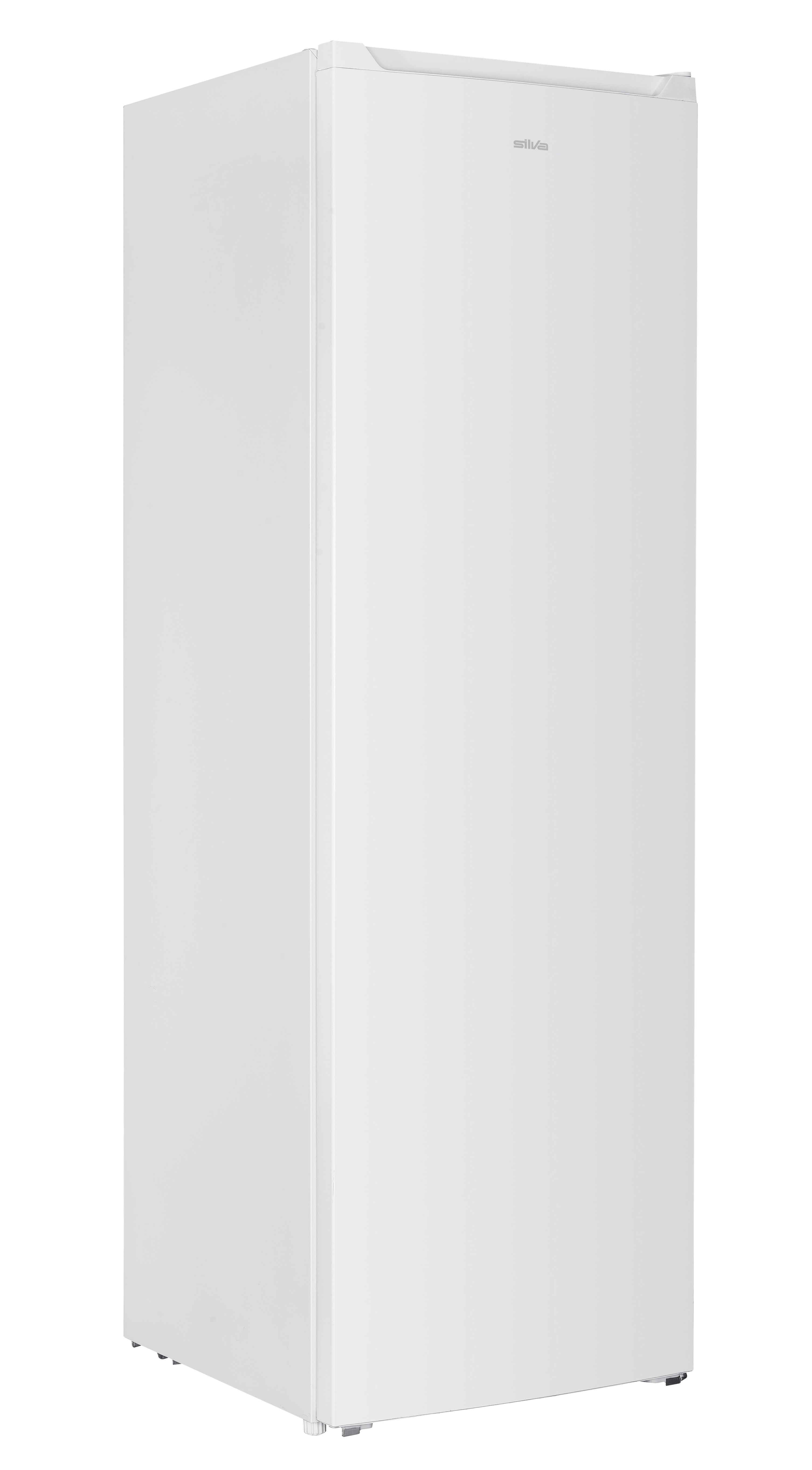 Ein weißer Kühlschrank vor weißem Hintergrund. Der Markenname 'silva' ist auf der Tür sichtbar.