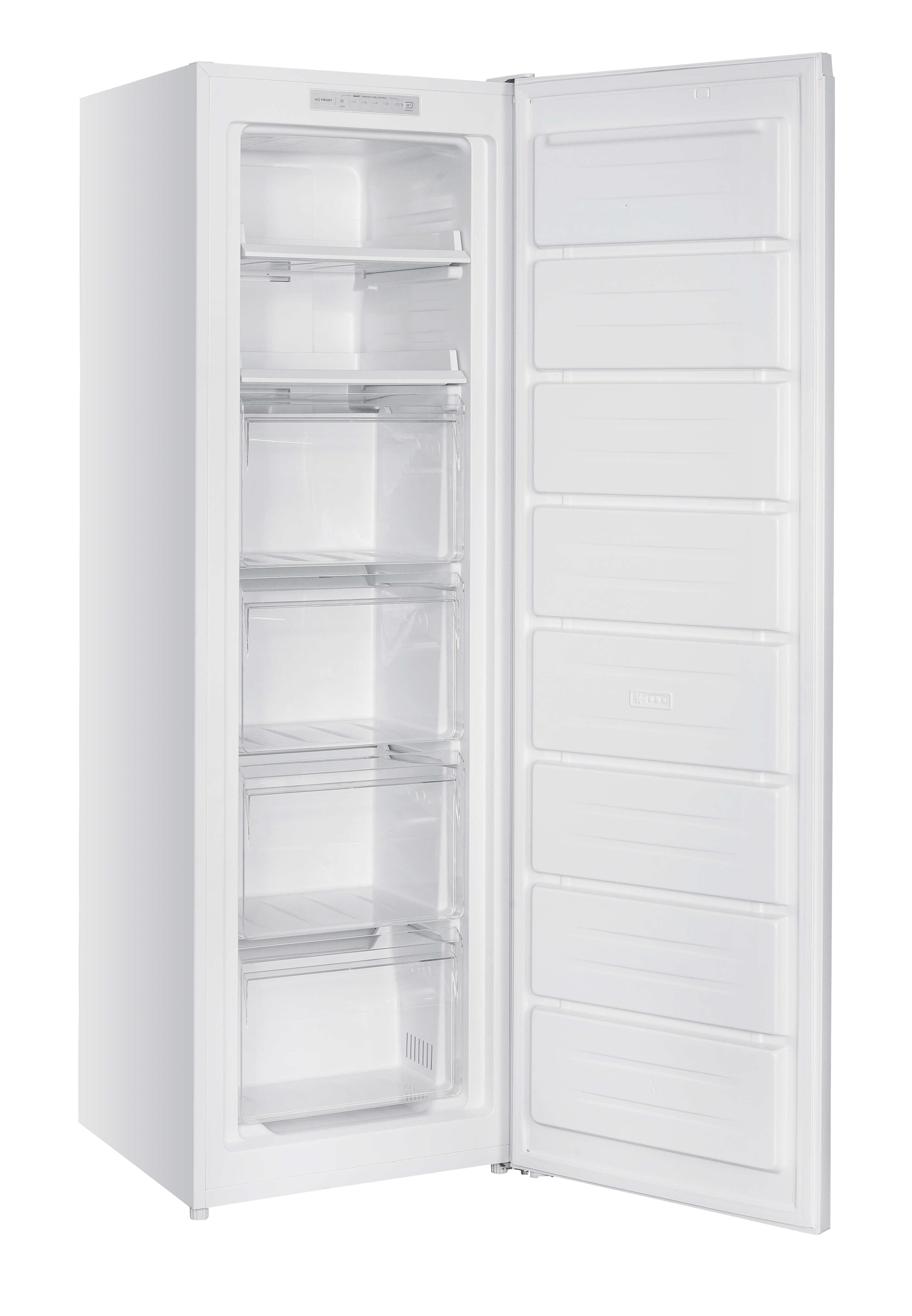 Ein weißer, offener Gefrierschrank. Die Tür ist offen und zeigt Regale und Schubladen. Der Gefrierschrank ist leer.