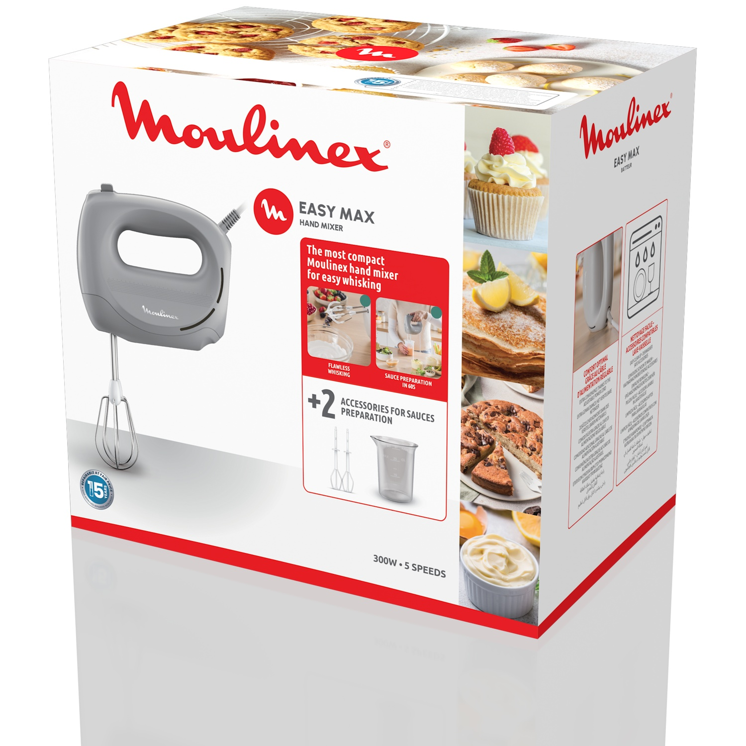 Een Moulinex Easy Max handmixermixdoos. Toont de mixer, cupcakes, cakes en productkenmerken.