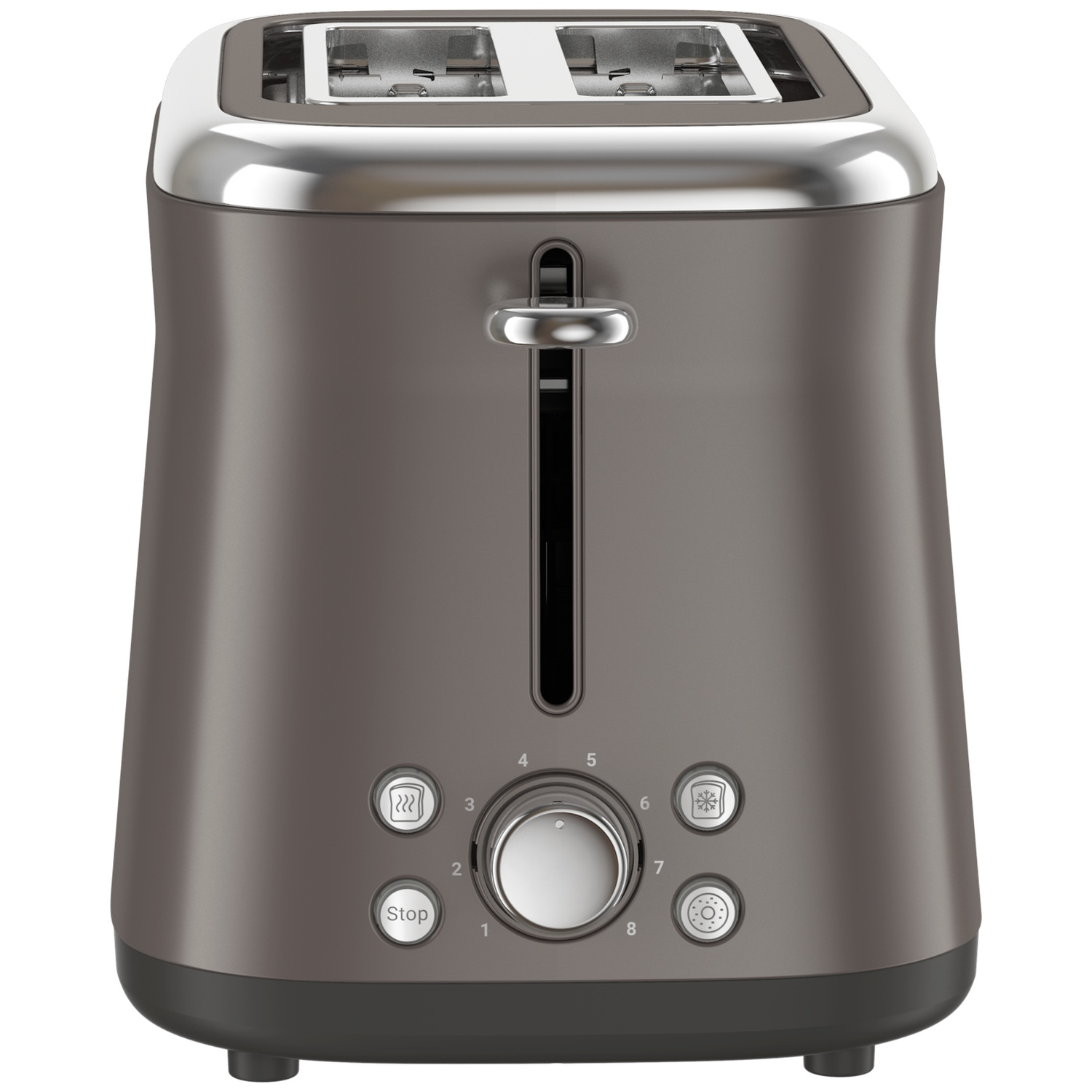 A gray toaster with a stainless steel top. It has a lever, numbered dial, and buttons for different functions. The base is dark gray.