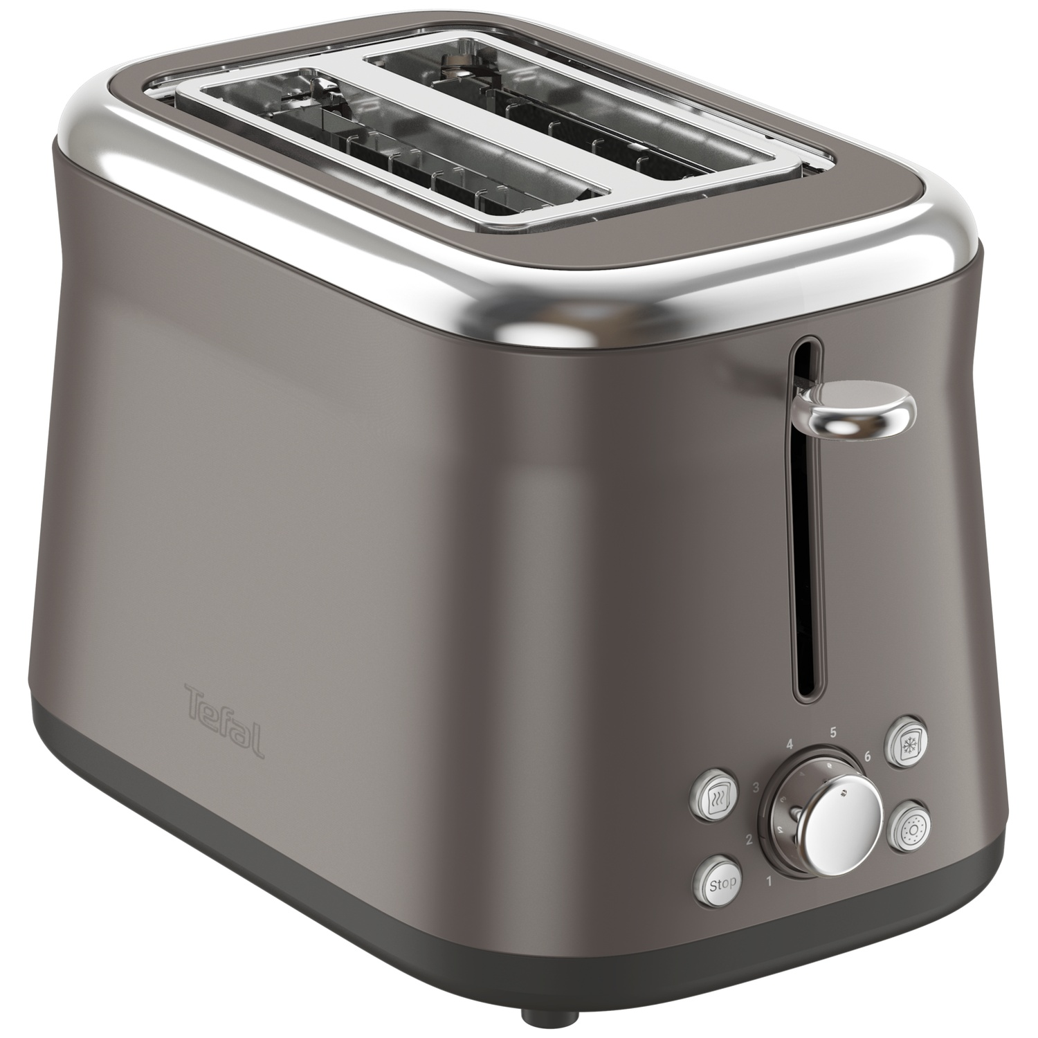 A gray Tefal toaster with a silver top and controls. It has two slots for bread and a lever on the side.