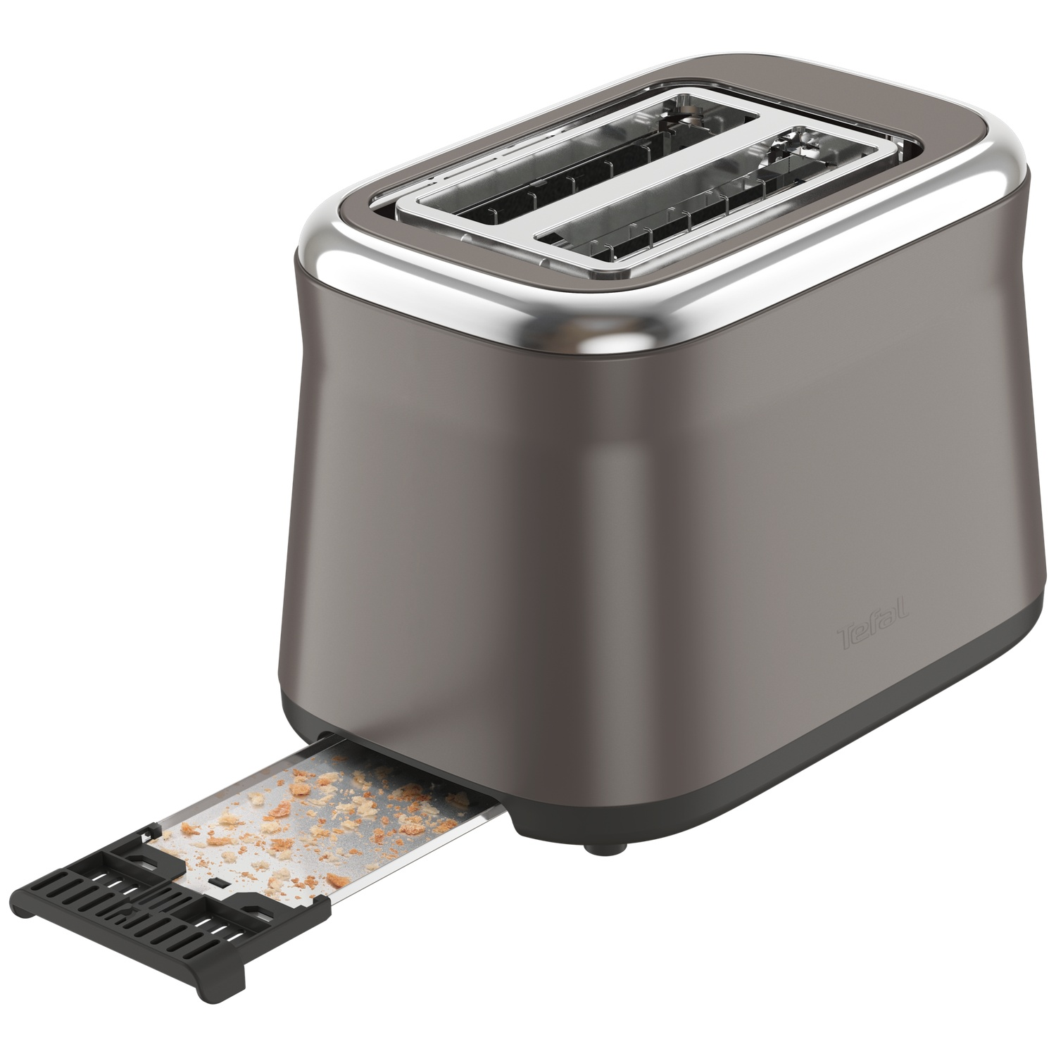 A gray toaster with a stainless steel top and a crumb tray. The tray is pulled out, showing bread crumbs. The brand is Tefal.