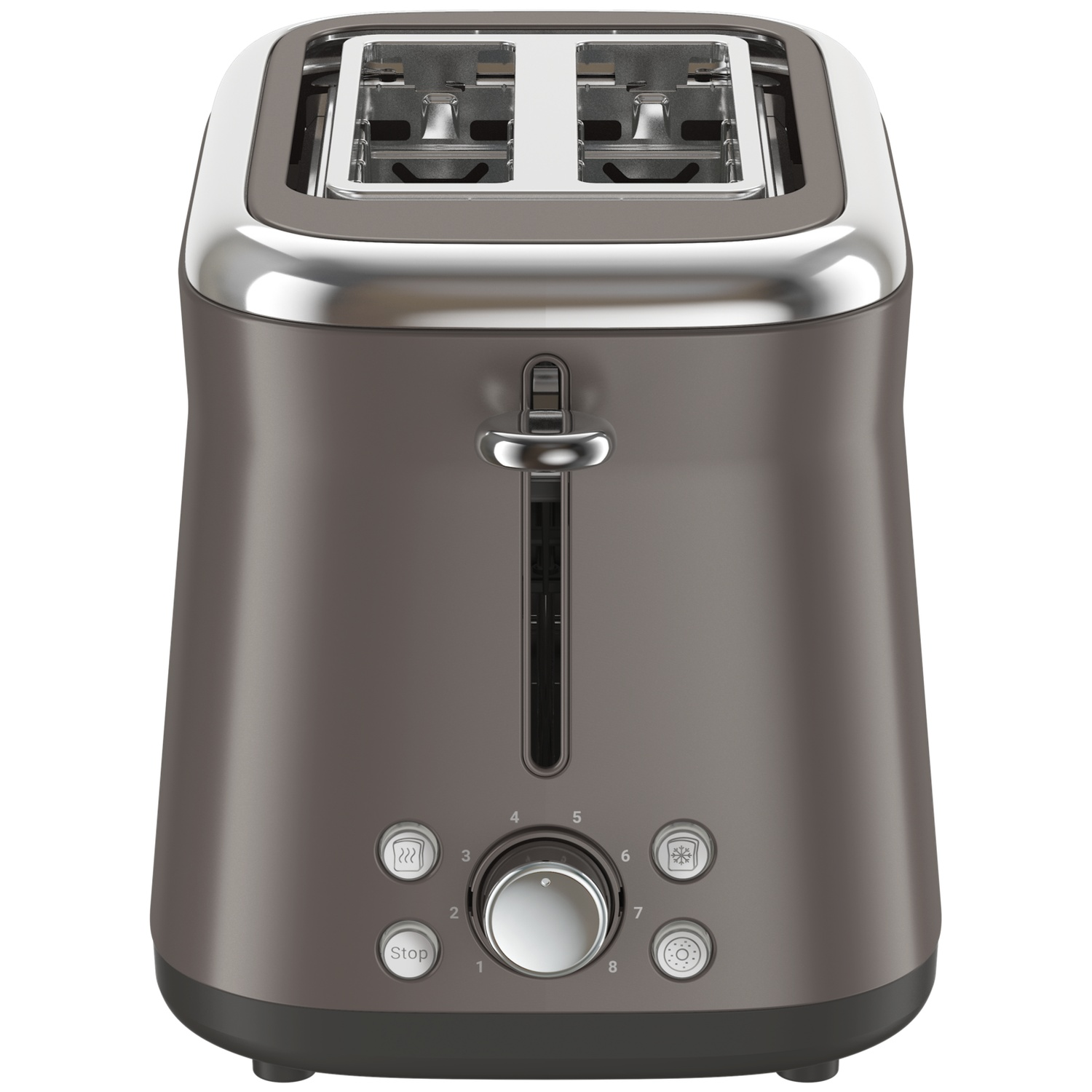 A gray toaster with a stainless steel top and chrome accents. It has a dial for browning and buttons for different functions.