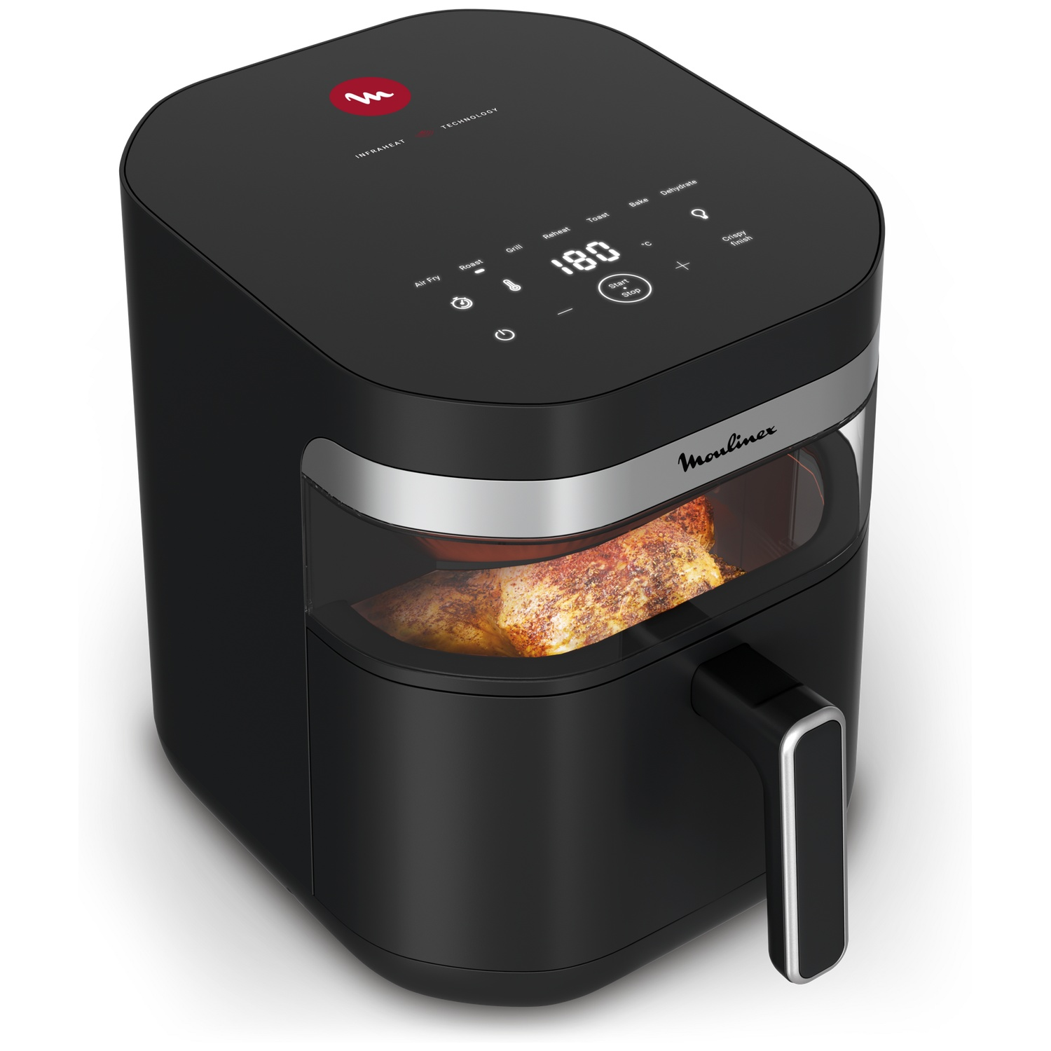 Black air fryer with food inside, digital display showing 180 degrees. Has handle and brand name Moulinex. Controls on top panel.